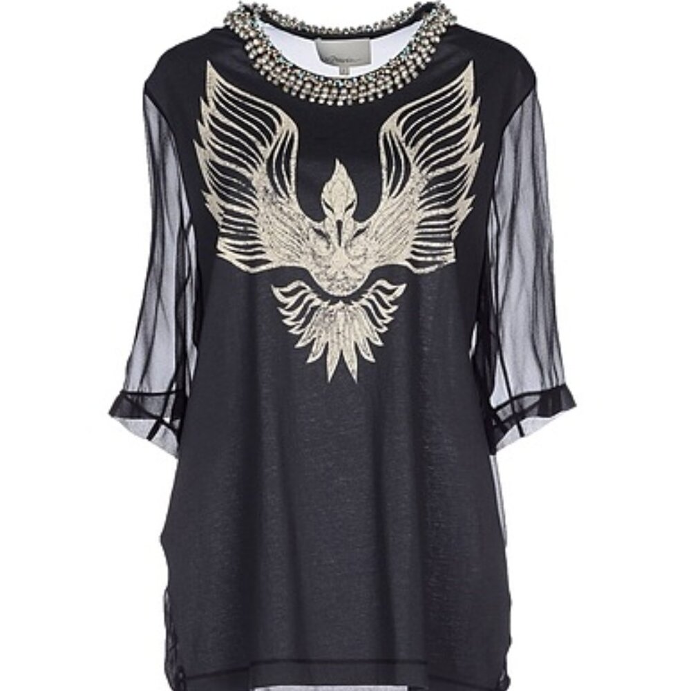 3.1 Phillip Lim Embellished Jeweled Rhinestone Wings Cotton Top Blouse T-shirt